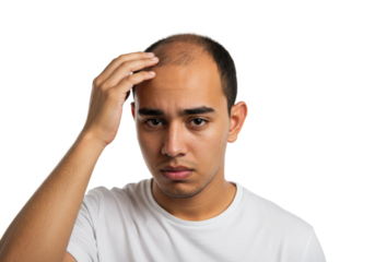 Young hispanic male concerned about hair loss touching bald spot. Cut out PNG
