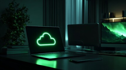 A laptop displays a green cloud icon with a second monitor and plant in a dimly lit room setup
