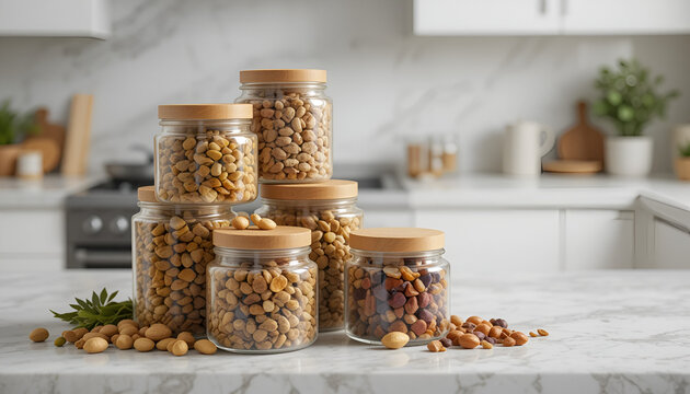 Glass jar set with bamboo lids, stacked on top of each other, filled with colorful mixed dry fruits (pista, badam, kaju, peanuts) - Powered by Adobe