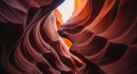 Intricate, colorful sandstone formations in a slot canyon.  Sunlight streams through a narrow opening