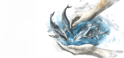 Obraz premium A symbolic, artistic image representing marine life protection, environmental care, and the connection between humans and nature. Soft blue and gray tones create a peaceful and emotional atmosphere.