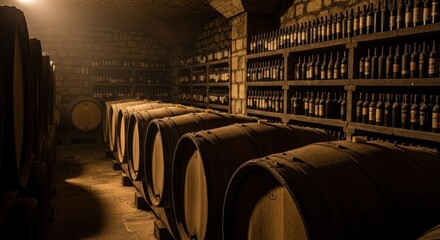Interior of a wine cellar. Rows of wooden barrels and wine bottles on shelves