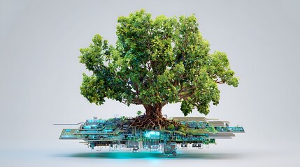 A vibrant green tree growing from a complex circuit board against a neutral colored background