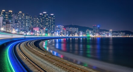 Fototapeta premium Night cityscape of a coastal city, illuminated by vibrant lights reflecting on water, with train tracks curving along the shoreline