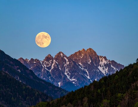 Full moon rising over snow-capped mountain range at dusk, silhouetted against a clear twilight sky - Powered by Adobe