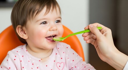 A baby girl being fed with a green spoon while sitting in an orange chair