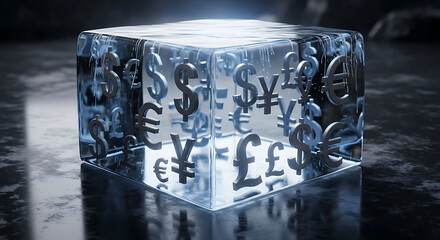 Diverse global currency symbols suspended within a radiant, clear cube on a dark, reflective .