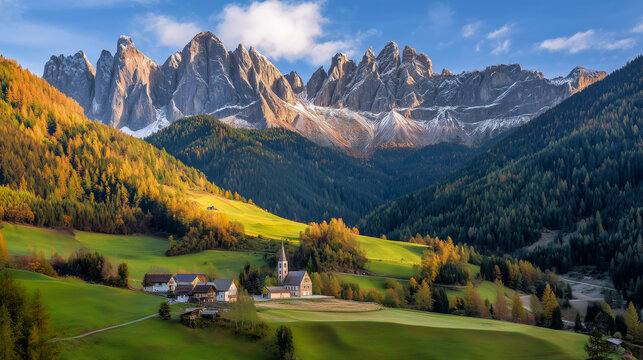 Stunning Alpine scenery of breathtaking Dolomites rocks mountains in Italian Alps, South Tyrol Alto adige , Italy. Val di Funes and village Santa Maddalena 