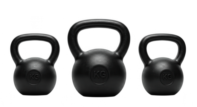 Three black kettlebells of varying sizes isolated on transparent background