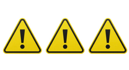 Three yellow warning signs with exclamation marks isolated on transparent background