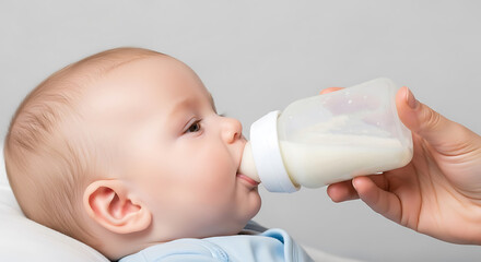 Baby drinking milk from a bottle held by a hand against a neutral background