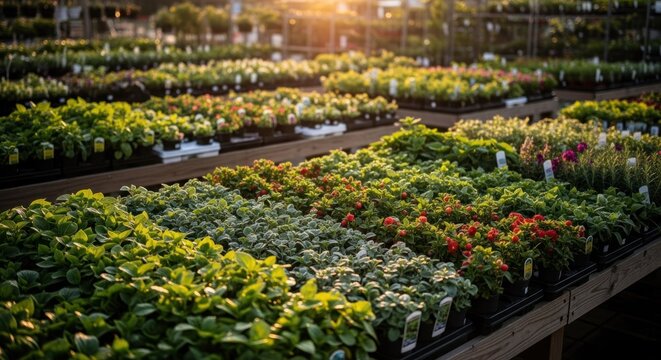 Rows of diverse seedlings in raised garden beds, bathed in golden sunlight - Powered by Adobe