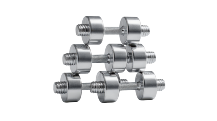 Group of small dumbbells stacked vertically isolated on a Transparent background, PNG file.