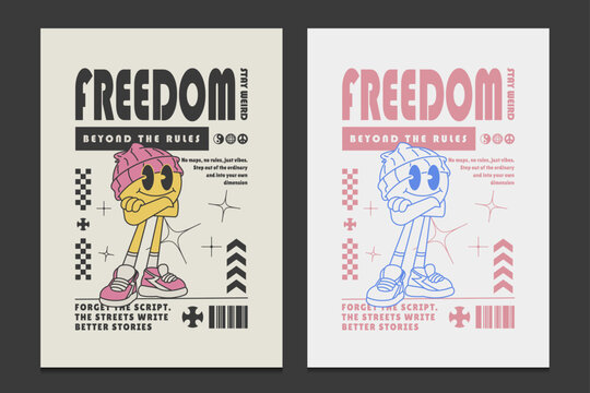 retro 90s poster or graphic t-shirt design featuring a cartoon mascot with streetwear style, vector illustration