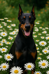 Doberman in a garden of Daisies