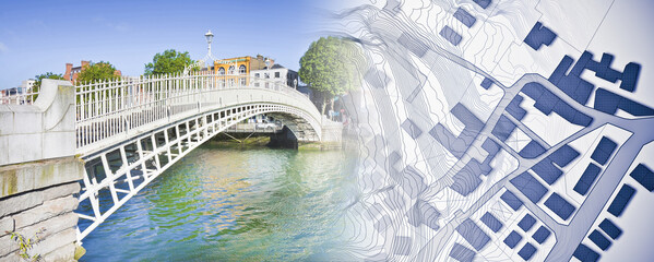 Looking for a house in Dublin - (Ireland) - concept image with the most famous bridge, called Half penny bridge, and an imaginary city map © Francesco Scatena