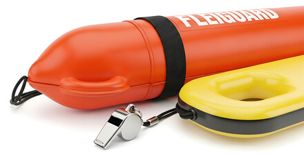 A close up of a lifeguard rescue tube, a buoy, and a whistle on a white surface for water safety ai generated