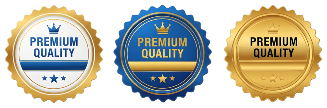 Set of premium quality golden and blue badge stickers on white background - Powered by Adobe