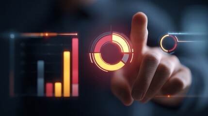 A person interacting with digital charts and graphs on a futuristic interface display screen
