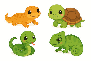 Obraz premium Cute cartoon reptiles: gecko, turtle, snake, chameleon