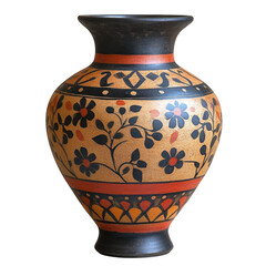 Ornate hand painted ceramic vase with floral and geometric patterns isolated on transparent background