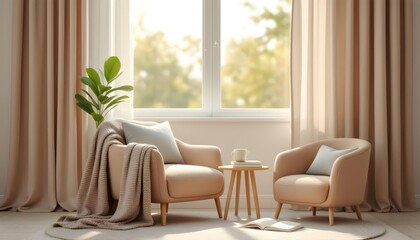 Cozy Living Room with Armchairs Bathed in Natural Light, Ideal for Slow Living and Digital Detox