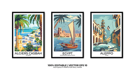 Set of 3 Vintage travel posters, Vintage travel illustrations, Vector colorful illustrations. Trendy printable wall art with beautiful landscapes.