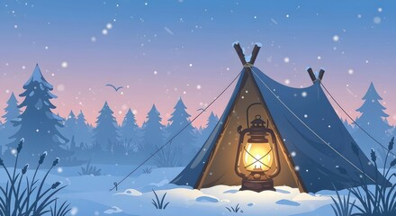Fototapeta premium Cozy Tent and Glowing Lantern in a Serene Snowy Winter Forest - Illustration for Digital Detox and Slow Living Themes