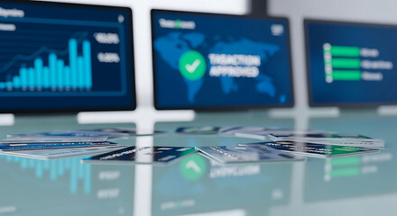 Dynamic financial data visualized on multiple screens above a collection of payment cards