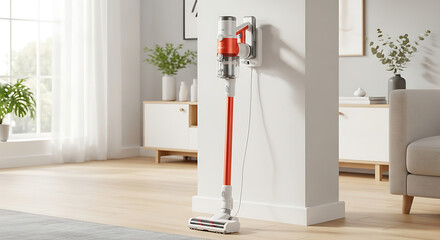 A cordless stick vacuum cleaner charging on a wall mount in a modern living room setting indoors ai generated