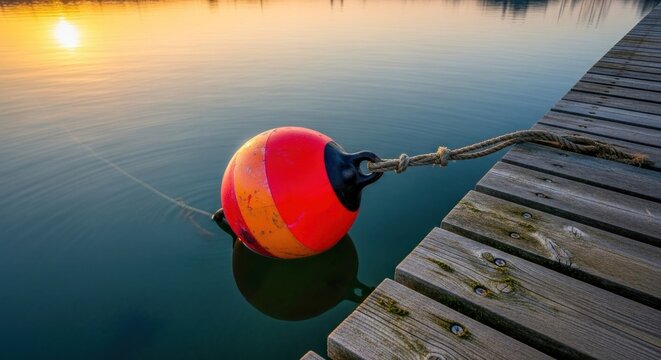 Sunset buoy on calm lake dock