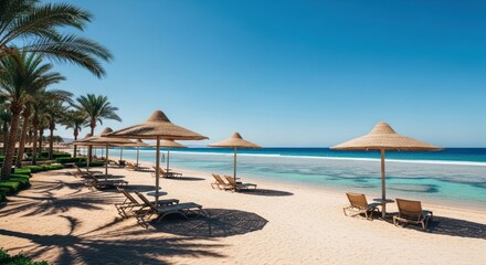 Fototapeta premium Tropical beach resort with sunshades and palm trees
