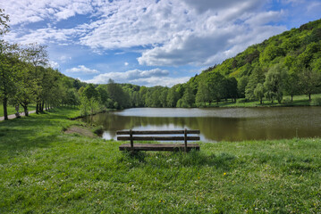 Silzer See, Germany: A peaceful view of the small lake nestled in the Palatinate Forest, with a wooden bench on a grassy bank overlooking the water and lush forested hills under a blue, cloudy sky.

