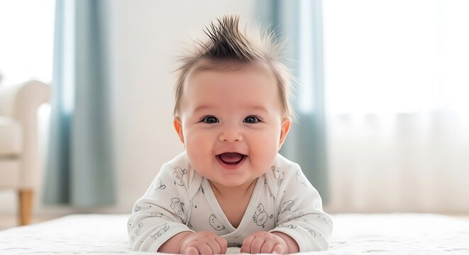 Portrait of a smiling baby with spiky hair lying on stomach on white blanket