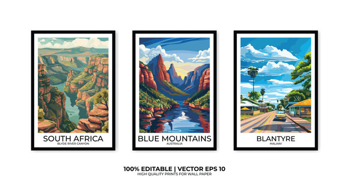 Set of 3 Vintage travel posters, Vintage travel illustrations, Vector colorful illustrations. Trendy printable wall art with beautiful landscapes.