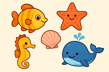 Cute sea creatures: starfish, whale, fish, seahorse, seashell art