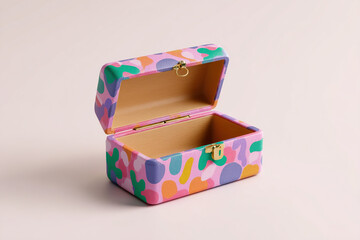 Open decorative box featuring a pattern of pink, orange, green, and purple shapes on a light pink surface, revealing a light wood interior.