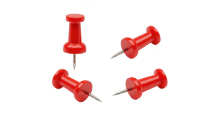 Four red pushpins isolated on transparent background