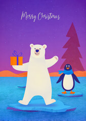 Obraz premium This whimsical children’s illustration shows a cute white bear ice skating with a penguin and holding a Merry Christmas present. Done in colorful line art with a watercolor, storybook aesthetic.