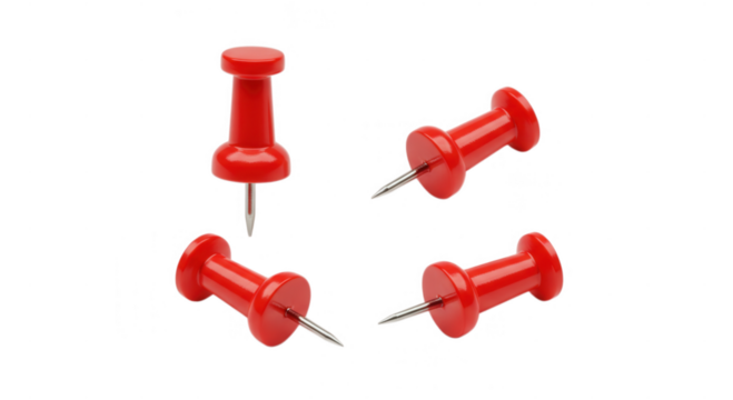 Four red pushpins isolated on transparent background