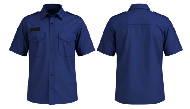 Professional Dark Blue Short Sleeve Uniform Shirt Front and Back View isolated on transparent background - Powered by Adobe