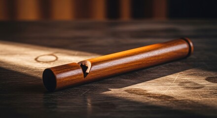 Wooden whistle on a wooden table, sunlit