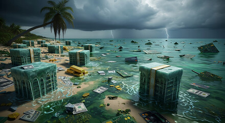 The remnants of a global economy, including data, gold, and currency, are scattered across a storm-battered shore.