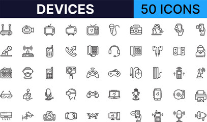 Devices icon set in line style. collection of electronics linear icons, including router, camera, tv, microphone, phone, vr headset, game controller, drone, printer and more. Vector icons