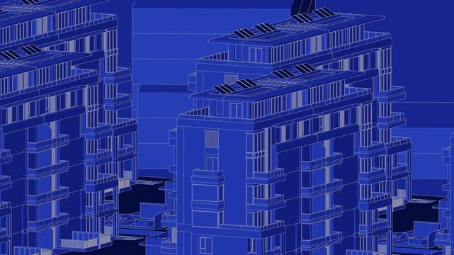 Animation of a Generic Apartment Building with solar panels on top, Seamless Looped Animation, 3D Blueprint Linework rendering