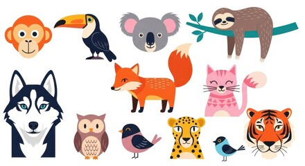Obraz premium Flat illustration of a vibrant collection of cute cartoon animals, including a monkey, toucan, koala, sloth, husky, fox, owl, cat, leopard, and tiger