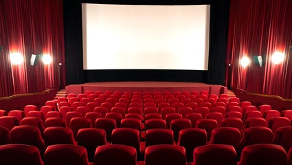 Fototapeta premium Empty Movie Theater with Red Seats and Curtains Ready for Show Time Film Screening Experience Cinematic Atmosphere and Blank Screen