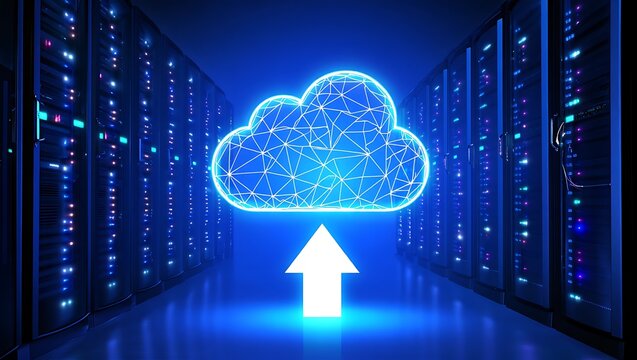 Futuristic Cloud Computing Data Storage and Server Room Environment with Data Upload and Download Conceptualization and Artificial Intelligence
