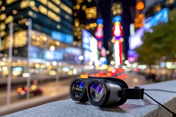 Virtual reality headset overlooking the dazzling lights of Times Square in New York City, a modern technological marvel on display at night, blurring backgrounds.