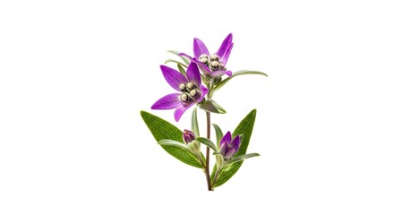 Vibrant Purple Qualup Bell Flower (Pimelea Physodes) with Green Leaves on White Background